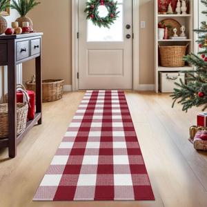 KOZYFLY Buffalo Plaid Rug 2x8 Ft Runners for Hallways Washable Checkered Rug Red and White Christmas Rugs Woven Cotton Kitchen Fall Rug Halloween Decor for Hallway Kitchen Living Room