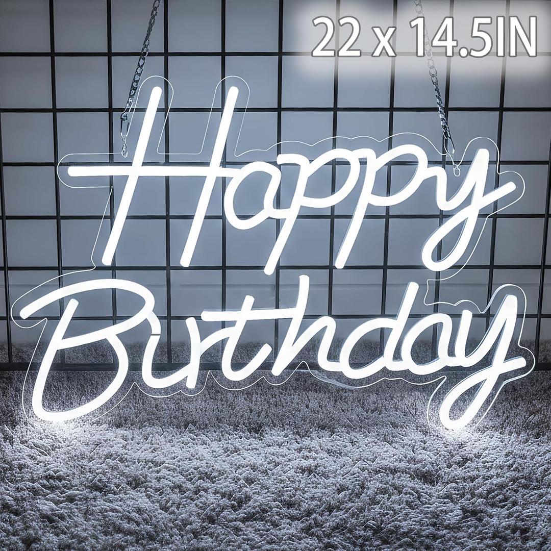 22" x 14.5" Happy Birthday Neon Sign for Backdrop, LED Happy Birthday Light Up Sign, USB Powered Dimmable Neon Light for Birthday Party Decorations, Wall Decor, White