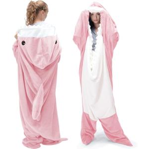 Touchat Shark Blanket Hoodie Onesie, Wearable Blankets Hoodie Adult, Warm Flannel Throw Blanket Tail Sleeping Bag, Cartoon Costume Shark Onesie Funny Gifts for Adults (Pink,M) (M: for 59-63 Inch Height)