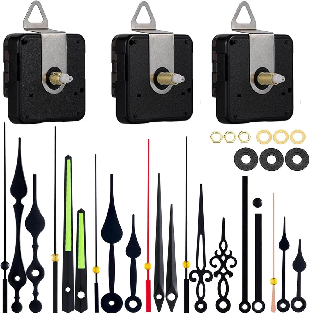 EMOON 3 Pack Silent Clock Mechanism Replacement Kit, Quartz Clock Movement with 7 Sets of Hands, Battery Operated (Shaft 16mm, 20mm, 23mm)