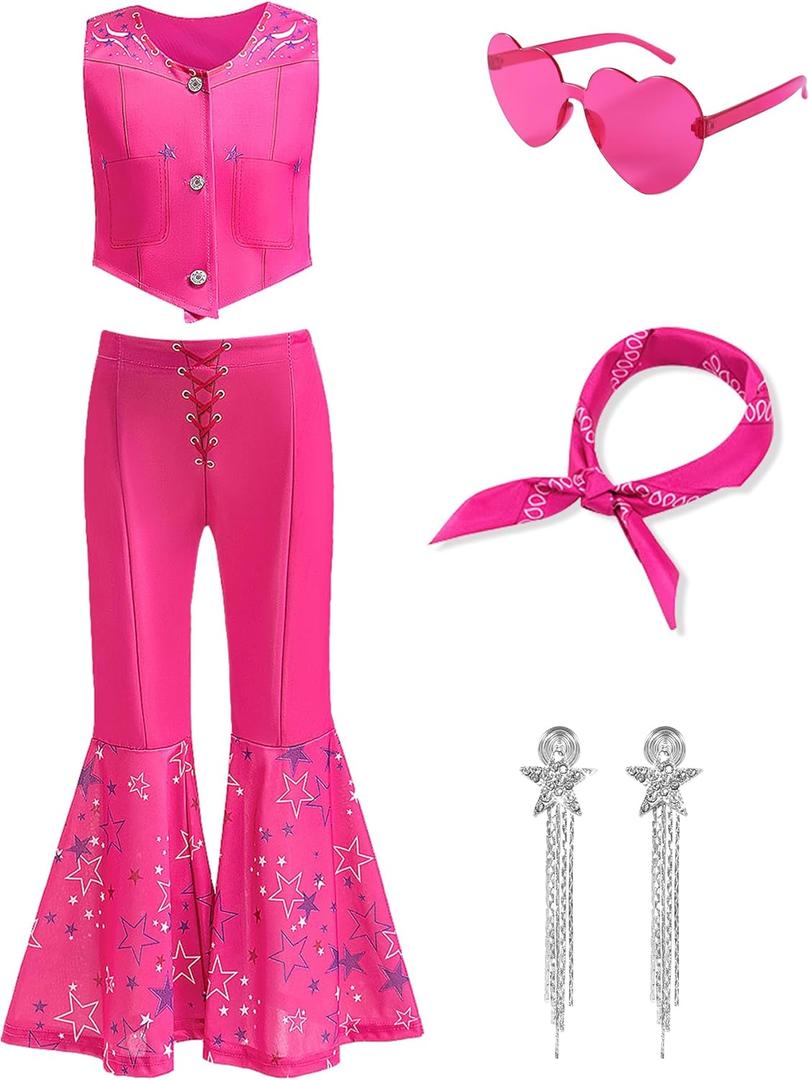 Girls Pink Costume 6Pcs Cowgirl Movie Cosplay Kids Disco Outfits Set Halloween Birthday Party Dress up (9-10Y/150)