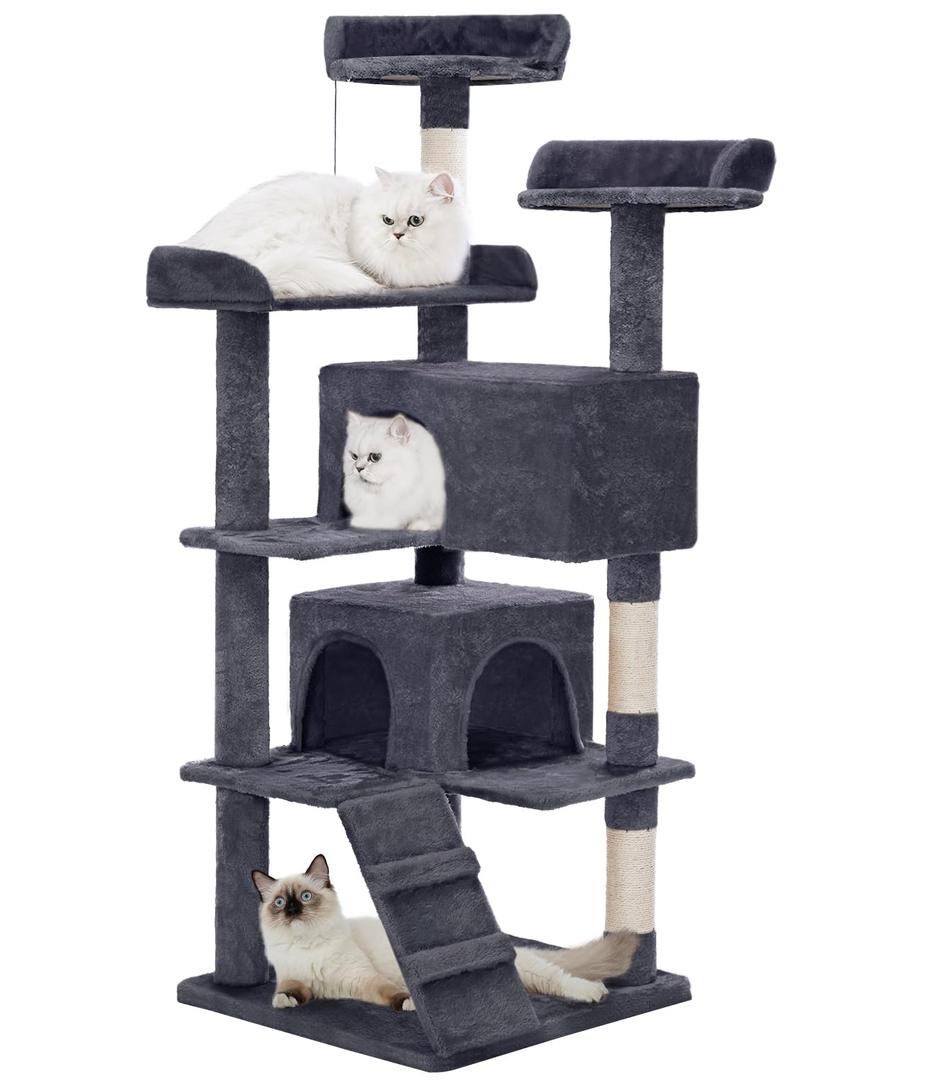Made4Pets Cat Tree Tower 56in Cat Tower for Indoor Cats Kitten Tree Multi-Level Cat Tree with 2 Condo Furniture Activity Center with Scratching Posts Funny Toys Kittens Pet Play House, Grey