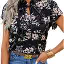Women's Floral Tie Front Shirts Frill Trim Short Sleeve Crew Neck Blouse Spring Summer Tops (X-Large, Black)