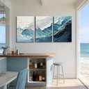 3Pcs Blue Abstract Wave Canvas Wall Art Modern Neutral 3D Textured Ocean Landscape Pictures Wall Decor Blue and White Coastal Posters Prints for Living room Bedroom 16x24in