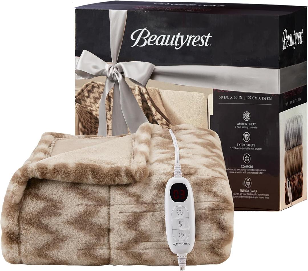 Beautyrest Long Brushed Faux Fur Chevron Pattern Electric Blanket, Auto Shut Off, Virtually Zero EMF, Multi Heat Setting, UL Certified, Machine Washable, Taupe Ikat Throw 50x60