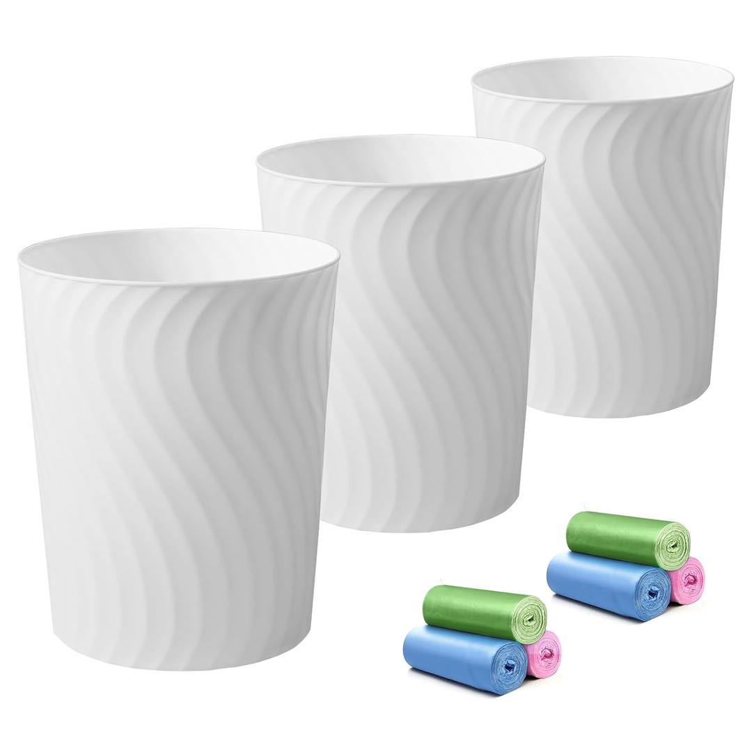 YGJT Small Trash Can, 3 Pack 1.8 Gallons Bathroom Trash Can, Slim Waste Basket, Round Garbage Can, Plastic Trash Bin for Kitchen, Dorm, Bedroom, Office, Living Room, Study, Compact Spaces(White)