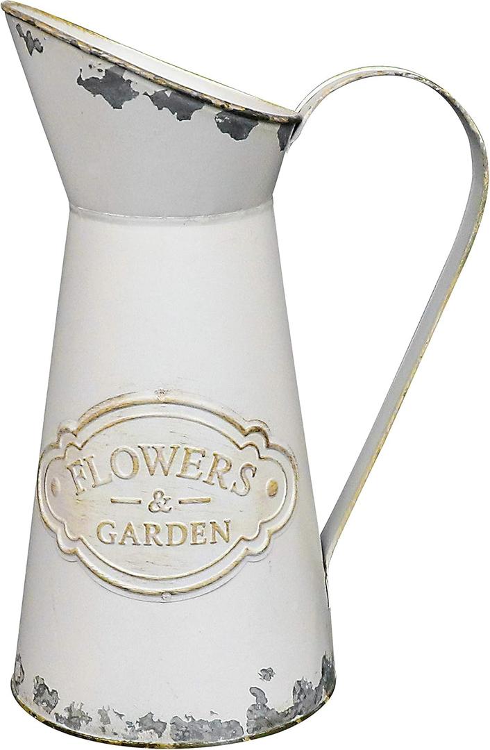 Tall French Style Farmhouse vase, Metal Vintage Vase Pitcher Flower Vase Country Jug Decorative Flower Holder for Home Decoration White -11"