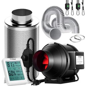 VIVOSUN 4 Inch 190 CFM Inline Fan with Speed Controller, 4 Inch Carbon Filter and 8 Feet of Ducting, Temperature Humidity Monitor for Grow Tent Ventilation
