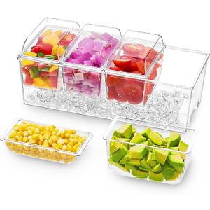 Lifewit Ice Chilled Condiment Caddy with 5x 20oz(2.5 cup) Containers, 15.3" Condiment Server with Separate Lids, Serving Tray Platter with Removable Dishes for Bar, Fruit, Salad, Taco, Party Garnish 4 Container