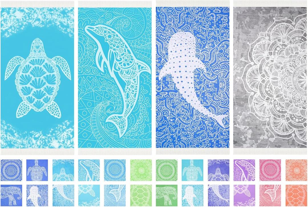 Widdonen Thin Turkish Beach Towel Lightweight Quick Dry Absorbent Cotton Bathroom Bath Pool Swim Towels Extra Large Oversized Sand Free Beach Accessories Essentials Cloud Gifts for Adult (X-Large(79 x 36 inches,200 x 90 cm), 4 Pack Turtle Dolphin Whale Flower)