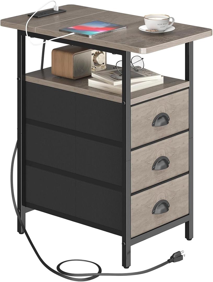 End Table with Charging Station, Side Tables Livingroom with USB Ports and Outlets,Narrow Nightstands Bedside Tables with 3 Drawers for Small Space,Slim Sofa Table Bedroom,Grey