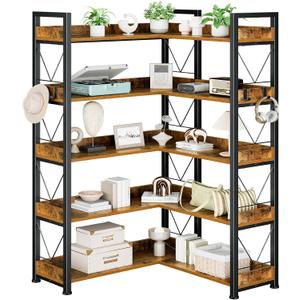 DUMOS 65 inch L Shaped Bookshelf, 5 Tier Corner Bookcase with Hooks and Edge, Industrial Pantry Shelves with Metal Frame, Wooden Open Storage for Living Room, Home Office, Bedroom, Rustic Brown