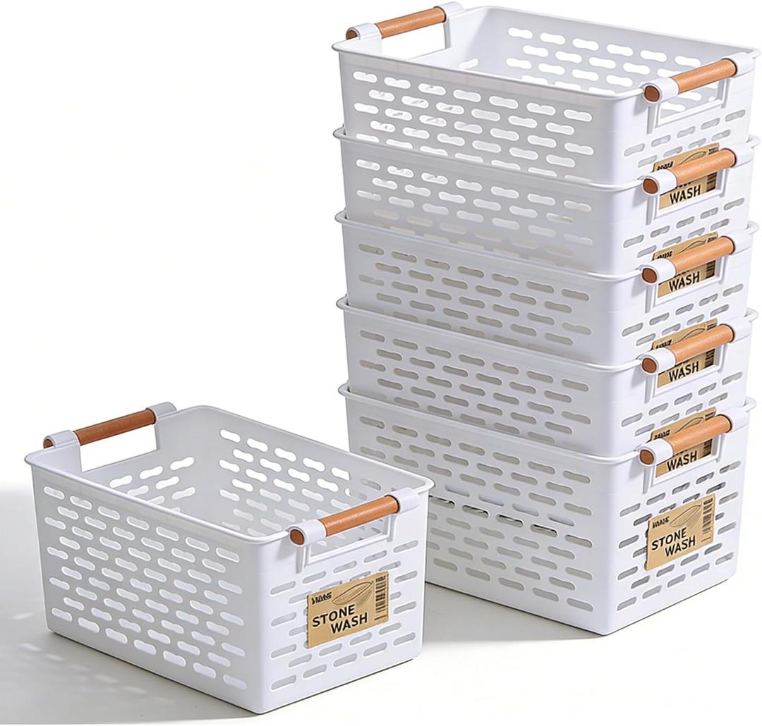 6 Pcs Plastic Storage Basket for Shelves, 12 x 6 x 5 Inch White Organizing Bins Basket with Handles, Narrow Shelf Bins for Organizing Pantry, Cabinet, Bedroom, Closet
