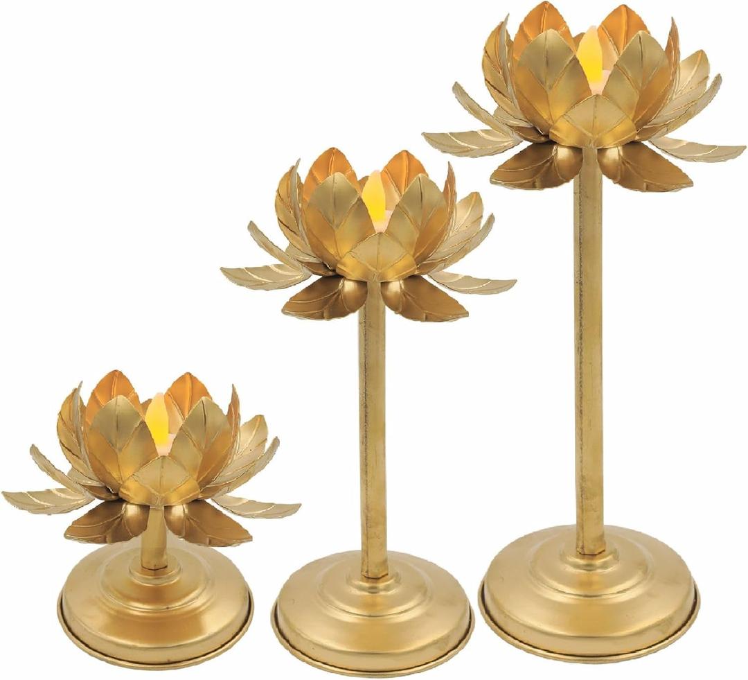 Beautiful Set of 3 Metal Lotus Style Tealight Candle Holder/Votive Holder for Home Decoration/Table Decor/Christmas Decor/Diwali Decor (9.5 ' x 7.5'x 5.5 ') (Golden)