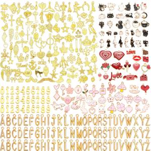 288Pcs Jewelry Making Charms, Assorted Bracelet Letter Charms with Gold Alphanumeric Valentines Day Floral Cat Pendant for DIY Necklace Bracelet