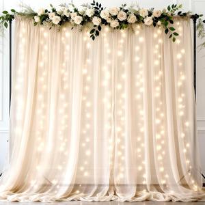 Ledido 1010ft Beige Tulle Backdrop Curtains with Lights String - 300LED Fairy Lights Sheer Curtain Backdrop for Wedding Baby Shower Photo Shoot Birthday Party Decoration(2 Panels 510ft)Beige