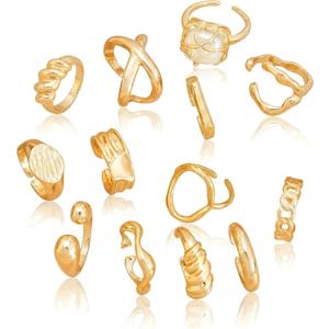 RINHOO FRIENDSHIP Gold Chunky Rings Set for Women 14K Gold Plated Dome Chunky Twisted Signet Stackable Rings Open Ring Band Statement Jewelry