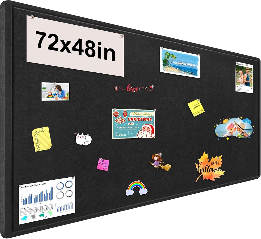 Large Bulletin Board, Foldable 72x48 Inches Cork Board Alternative, Large Felt Board Decorative Pin Board for Wall, Foldable Photo Board Self-Adhesive Vision Board with 36 Pushpins Black