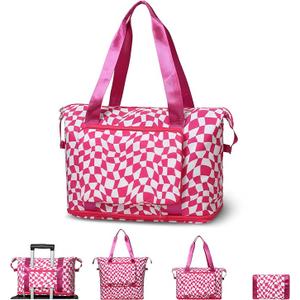WOOMADA Foldable Travel Duffel Bag with Shoes Compartment, Overnight Bag with Wet Pocket & Trolley Sleeve, Weekender Bags for Women(blue peony flowers) (blue peony flowers)