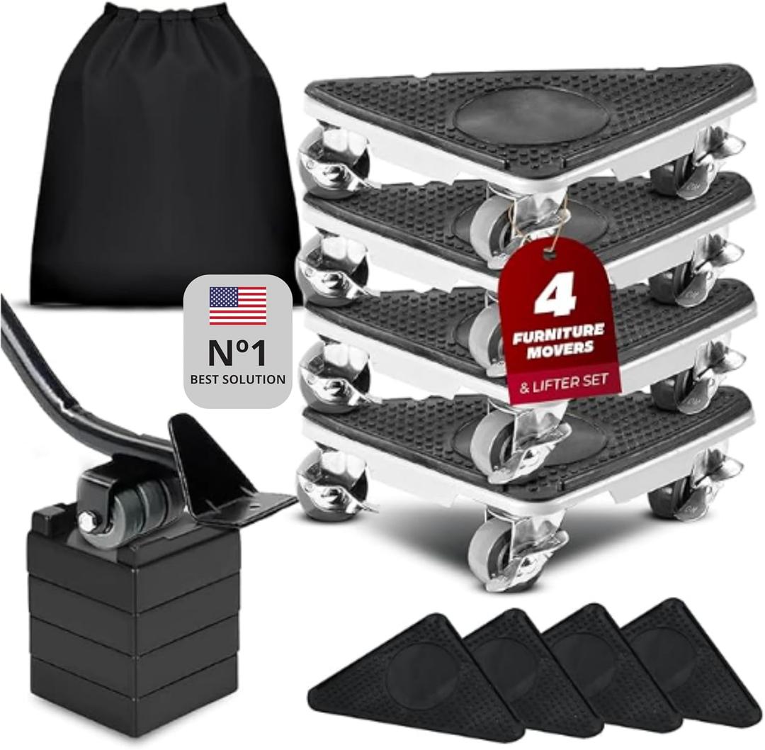Heavy Duty Furniture Dolly Set with Lifter  360 Rotating Rollers, Floor Protection, Gloves & Storage Bag  Easy Moving Tool for Home or Office (2650)