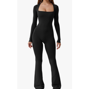 QINSEN Jumpsuits for Women Square Neck Wide Leg Full Length Romper Playsuit, XL