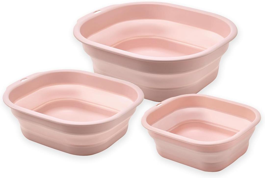 Collapsible Wash Basin Set of 3, Foldable Large Medium Small Wash Basins, Portable Plastic Basins for Laundry, Bottles, Travel, Camping (Pink)