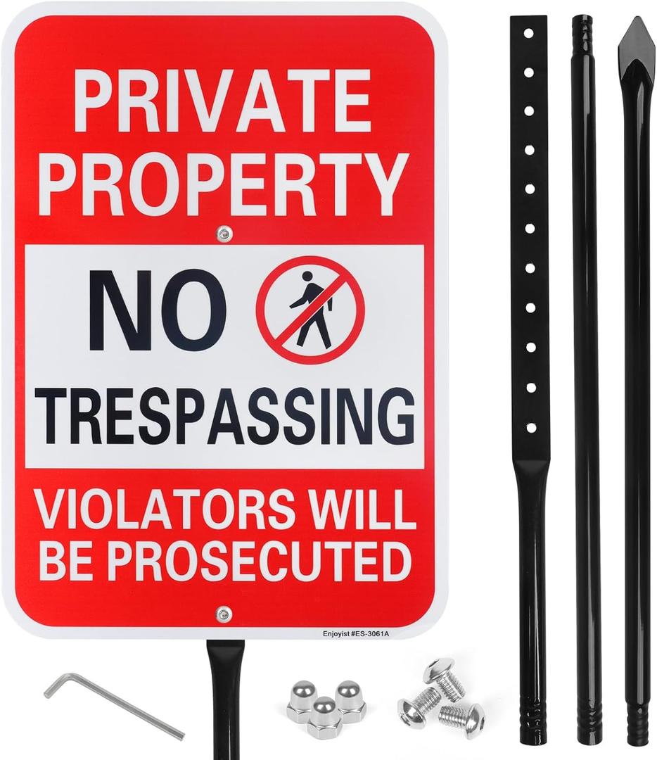 Large Private Property No Trespassing Sign with 54" Heavy Duty Metal Thick Stake, Violators Will Be Prosecuted, 17" x 12" .040 Aluminum Sign - Reflective, UV Protected and Weatherproof