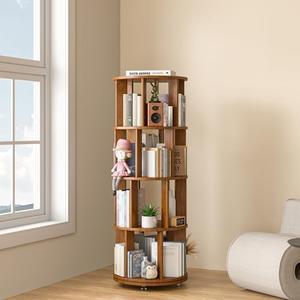 4 Tier Rotating Bookshelf Tower Spinning Bookshelf with Swivel Wheels Book Shelf Rotating Storage Tower for Kids Adult Narrow Walnut Solid Wood Revolving Bookcase Organizer for Bedroom Living Room