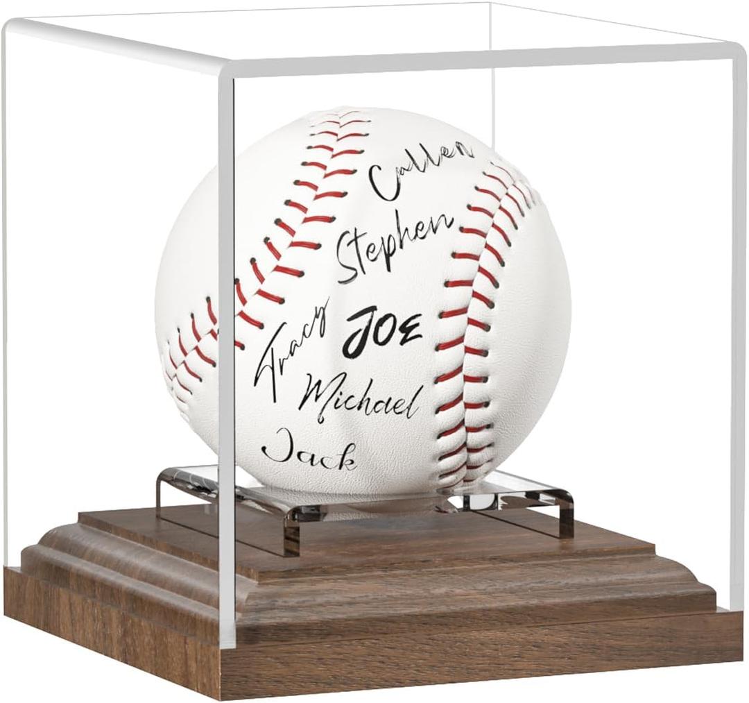 Baseball Display Case for Balls Walnut Wood Base Acrylic Baseball Holder Display Case Uv Protection Baseball Cube Box Stand Memorabilia Autograph Ball, Ideal Gift for Official Size Ball Display
