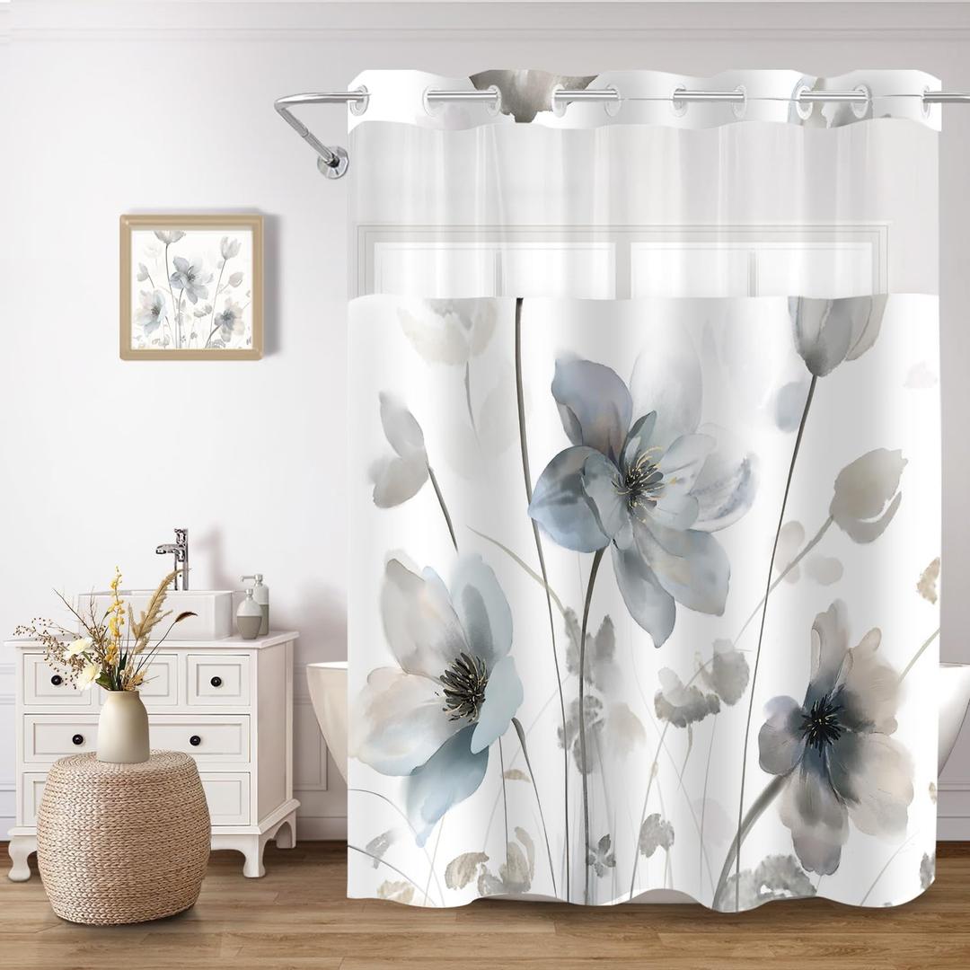 No Hook Shower Curtain and Liner Set, Blue and Grey Boho Floral Shower Curtains for Bathroom, Watercolor Flower Waterproof Bathroom Curtain Sets with Snap in Liner, 71x74 Inch