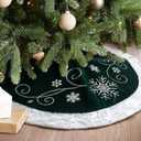 Christmas Tree Skirt, 32 Inch Green Velvet Tree Skirt with Embroidered Snowflakes Sequins White Trim Border, Holiday Party Tree Decoration
