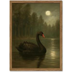 Framed Moody Black Swan Wall Art, Vintage Moonlit Lake Painting, Dark Academia Gothic Picture Wall Decor,Mystical Night Landscape Artwork for Living Room Bedroom Offices 16x24 inch