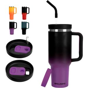 40oz Tumbler with Handle and Straw Spout 2-in-1 Lid, Spill Leak Proof Insulated Travel Cup Traveler Water Mug Keep Cold Hot, Dishwasher Safe Stainless Steel Bottle Gifts for Women Men, Black Purple