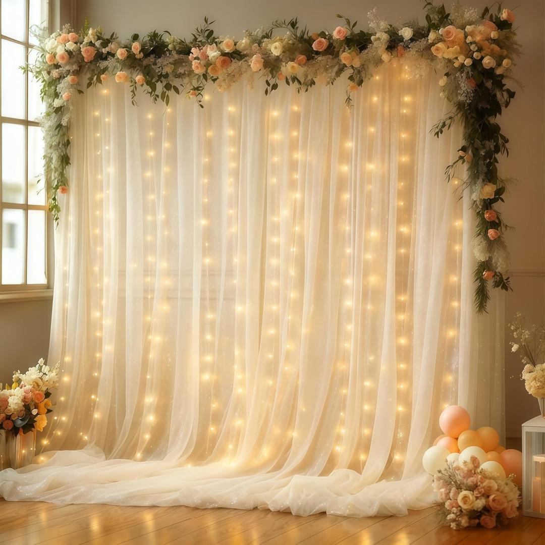 10x10FT Cream Wrinkle Free Backdrop Curtains with Lights String for Parties - Photo Curtain Backdrop with Lights for Wedding Decorations, Bridal Baby Shower Birthday Party Photography Background (10FTx10FT (W5'xH10', 2 Panels))