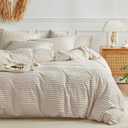 WARMDERN Boho Duvet Cover Set Queen Size,Khaki Striped Duvet Cover Microfiber Bedding Set,3PCS Ultra Soft Breathable Lightweight Tuft Texture Pattern Duvet Covers with Zipper Closure(Khaki,Queen)