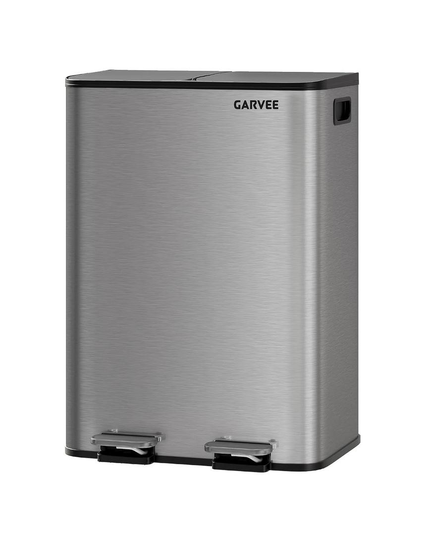 Garvee Trash Can, 2 x 8 gal (2 x 30 L) Garbage Can for Kitchen Dual Compartment Recycling Kitchen Step Trash Bin, Stainless Steel Trash and Recycle Bin Combo with Soft-Close Lid,Matte Grey