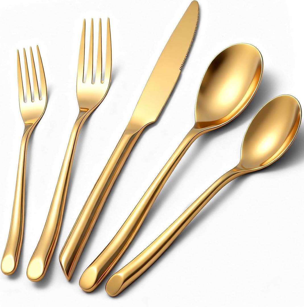 Gold Silverware Set, 20-Piece Elegant Stainless Steel Flatware Set, Cutlery Set Mirror Polished, Dishwasher Safe, Service for 4