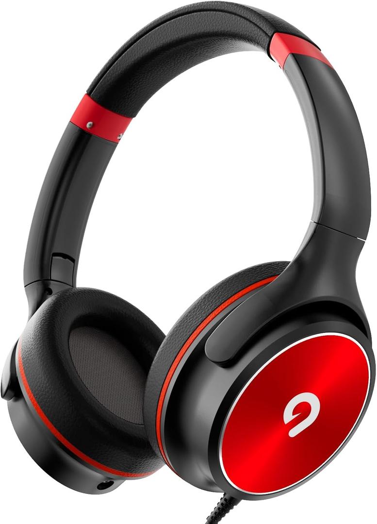 ADOOPE Kids Headphones with Safe 85dB/94dB Volume Limiter for Teen and Boys, Foldable HD Stereo Sound Headset for Kindle Kids/fire Tablet/iPad/Laptop, Headphones with Microphone (Black-Red)