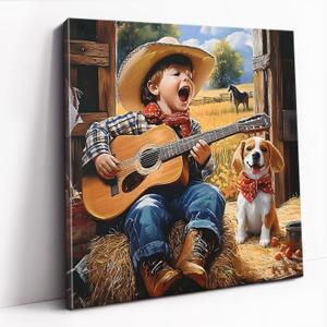 DRLWGTY Farmhouse Western Wall Decor, Cowboy Kid and Puppy Guitar Scene Canvas Art with Hand-Painted Glitter Accents, Rustic Country Ranch Kids Room Wall Art, Ready to Hang, 24L"×24W"
