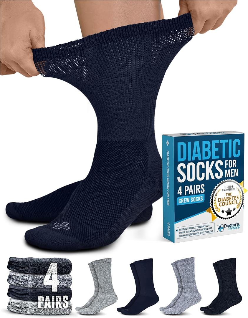 Doctor's Select Diabetic Socks for Men - 4 Pairs Crew Diabetic Neuropathy Socks for Men | Diabetic Socks for Men 9-12 (Large, Dark Navy, Light Grey, Navy, Stone Grey)