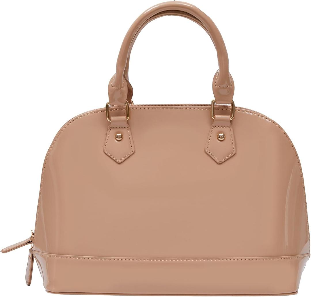 Patent Leather Dome Satchel Purse Zip-around Handbag Multi-Pocket Shoulder Bag Shiny Large Top-handle Shell Bag (Nude)