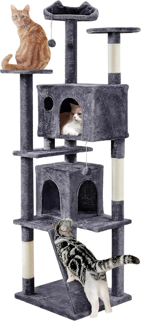 Yaheetech XL Cat Tree, 80in Multi-Level Tower With Scratching Posts, Double Caves, Perched Platforms and Dangling Balls, Stand House for Kittens Pet, Dark Gray
