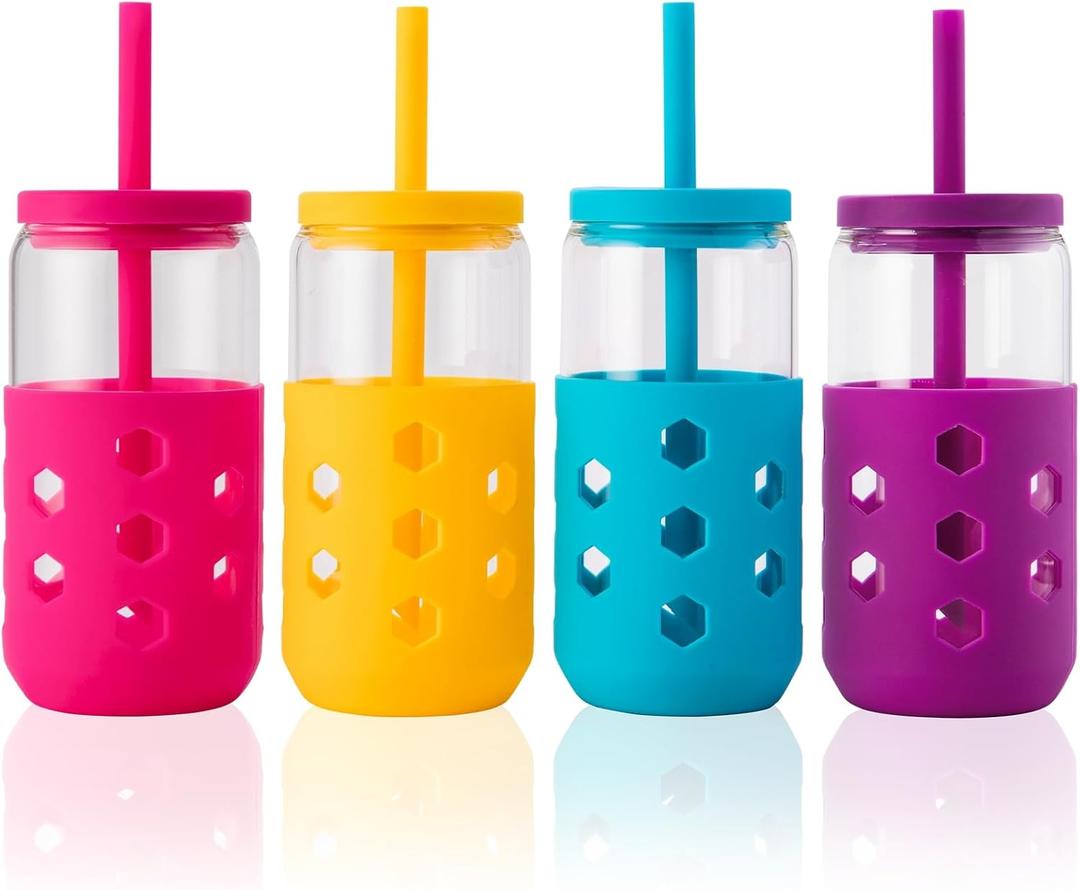 Mrsdry Glass Cups with Lids and Straws (4 Pcs), 16oz Drinking Glasses Set with Silicone Sleeves for Coffee Bar Accessories Iced Coffee Cups with Lids, Glass Tumbler Reusable for Gifts (Pink)