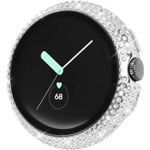 Compatible for Google Pixel Watch 3 41 mm/Pixel Watch 2/1 Case with Screen Protector, Bling Protective Face Cover Tempered Glass Bumper Diamond Rhinestone Thin Hard PC Plated Frame (Silver)
