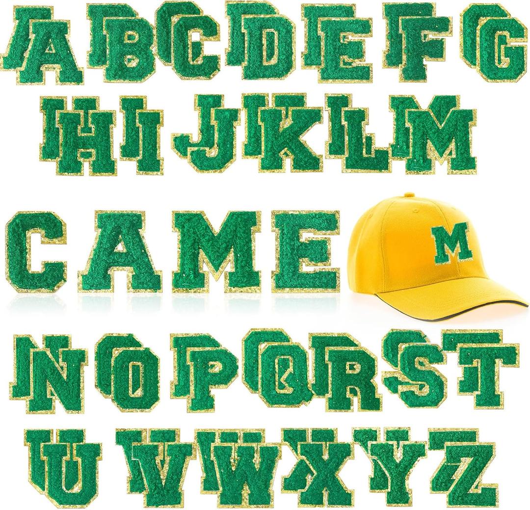 WILLBOND 52 Pcs Chenille Letter Patches A-Z, Self Adhesive Alphabet Patches for Clothes, Bags, Hats DIY, Name Craft & Personalized Best Mom Groovy Wedding Gifts(Dark Green,2.2 Inch)