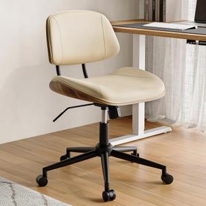Armless Office Chair with Wheels, PU Leather Adjustable Height Desk Chair - 360 Swivel Ergonomic Computer Chair for Small Space, Modern Walnut Style, Home & Meeting Room, Beige