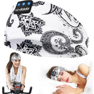 LC-dolida Sleep Headphones Bluetooth Wireless Headphones with Thin HD Stereo Speakers Perfect for Side Sleepers, Sport, Yoga, Travel (Boho White)