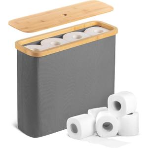 BAMBOO LAND- Toilet Paper Storage with Bamboo Lid for 12 Rolls, Gray, Waterproof Bamboo Toilet Paper Holder Basket