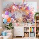 7X5ft Princess 1st Birthday Party Photo Backdrop Photography Background for Girls, Pink Purple Floral Butterfly Balloon Backdrops Photo Booth Prop Decorations Banner Balloons Wall Decor Tablecloth