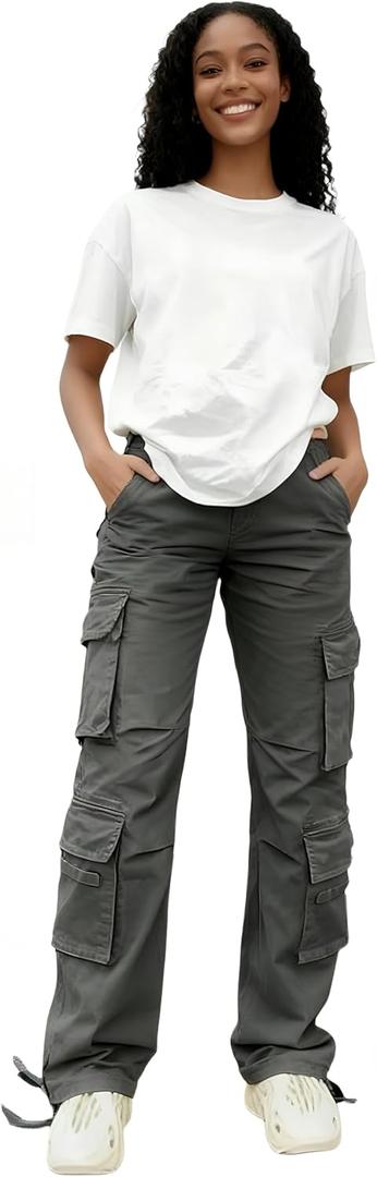Womens Cargo Pants with Pockets High Waisted Straight Leg Casual Pants Ankle Cuff, L, Dark Grey